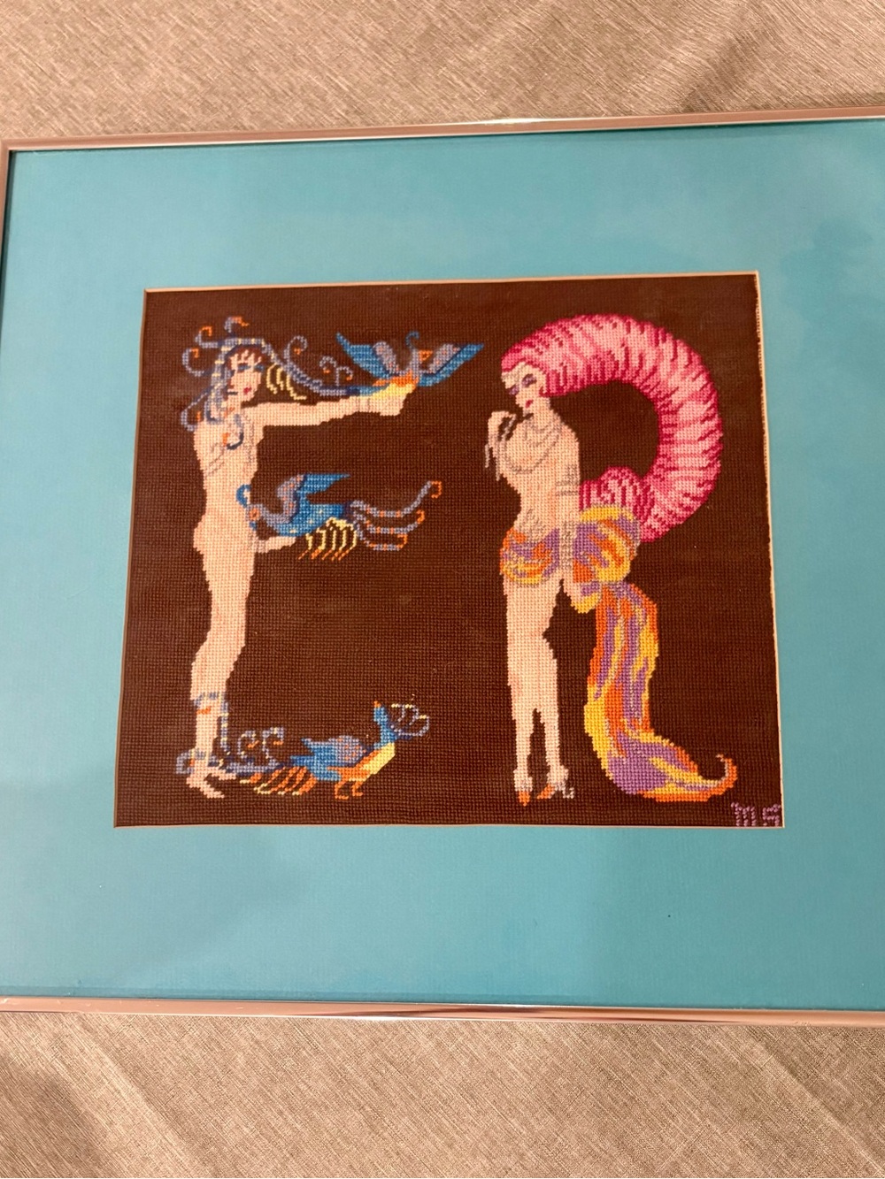 Vintage Art Deco Needlepoint Embroidery Wall Art Erte Framed